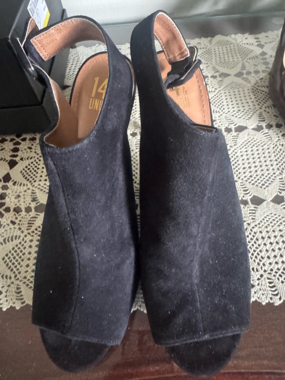 14th & Union Black Suede Open-Toe Slingback Heels